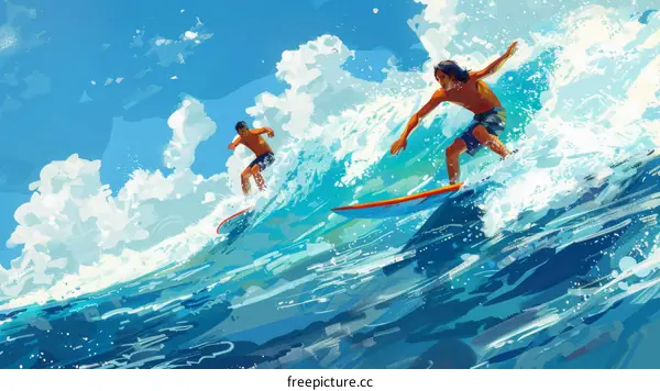 Two Men Surfing in the Ocean Catching a Big Wave