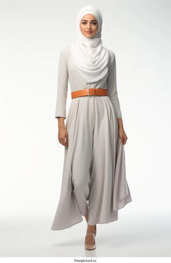 A woman wearing a light gray jumpsuit and a white hijab