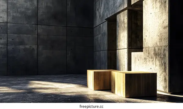 Abstract Minimalist Architecture Design With Concrete Walls And Wooden Cubes
