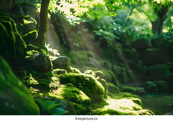 Sunlight Through Green Moss Covered Rocks In Forest