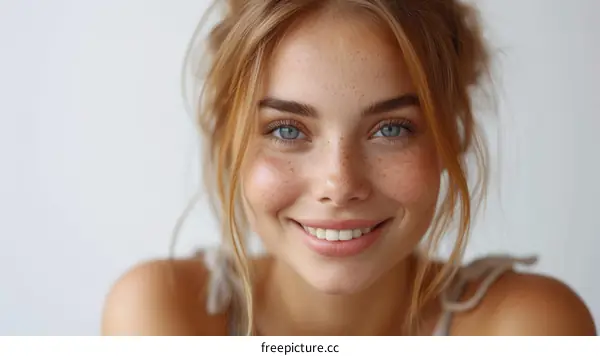 portrait of a young woman with freckles and blue eyes