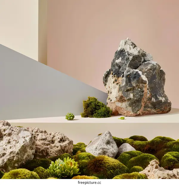 Minimalist Nature Scene with Rocks, Moss, and Green Plants