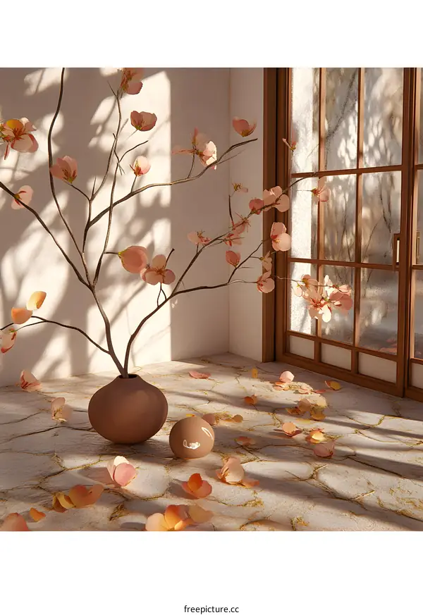 Minimalist Interior Design with Cherry Blossom Branch and Scattered Petals
