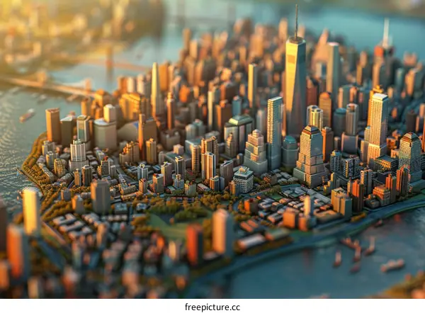 Small-scale model of a major metropolitan area with skyscrapers and bridges