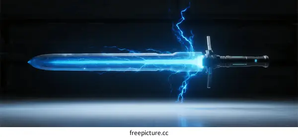 Blue Energy Sword with Lightning Effect in Dark Environment
