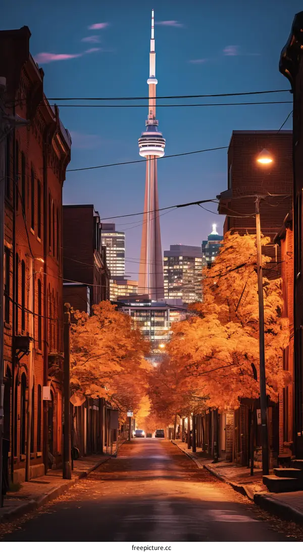 Toronto skyline with autumn leaves in the foreground