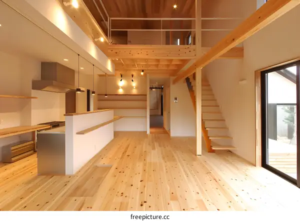 Modern Loft Style Home with Wooden Beams and Stairs