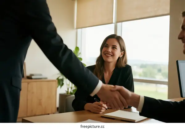 Professional business handshake between two people in office