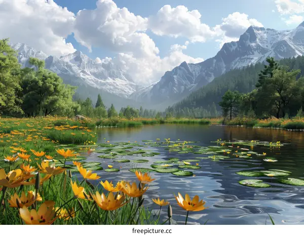 Mountain lake in a valley with blooming yellow flowers