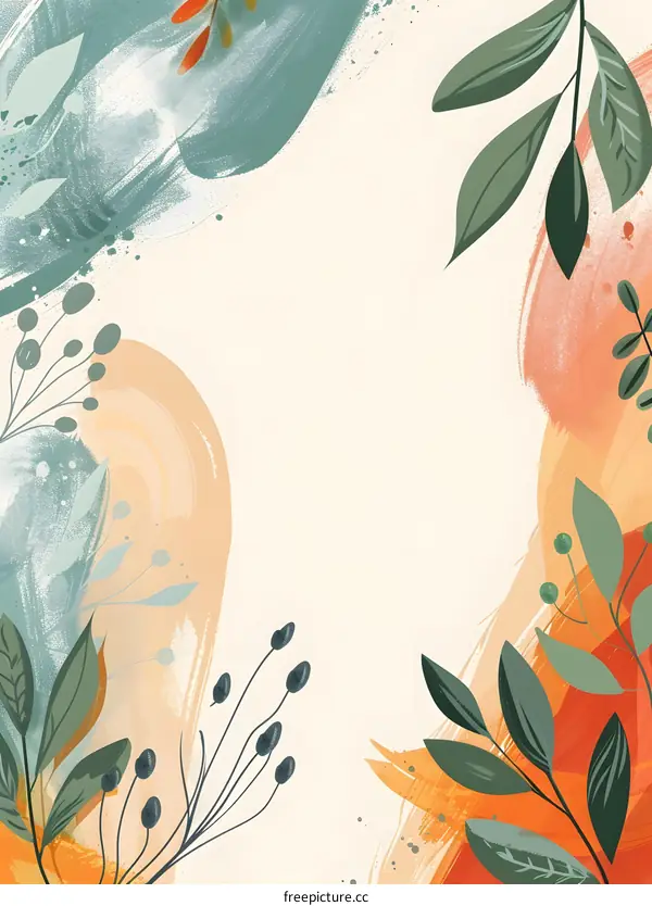 Abstract Floral Background with Green Leaves and Orange and Blue Brush Strokes