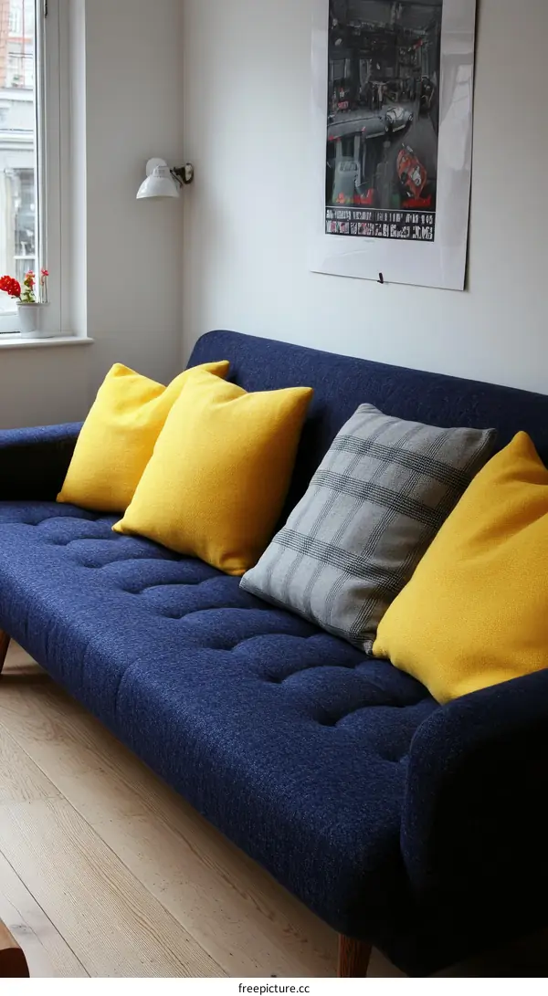 Dark Blue Sofa with Yellow Cushions in a Cozy Living Room