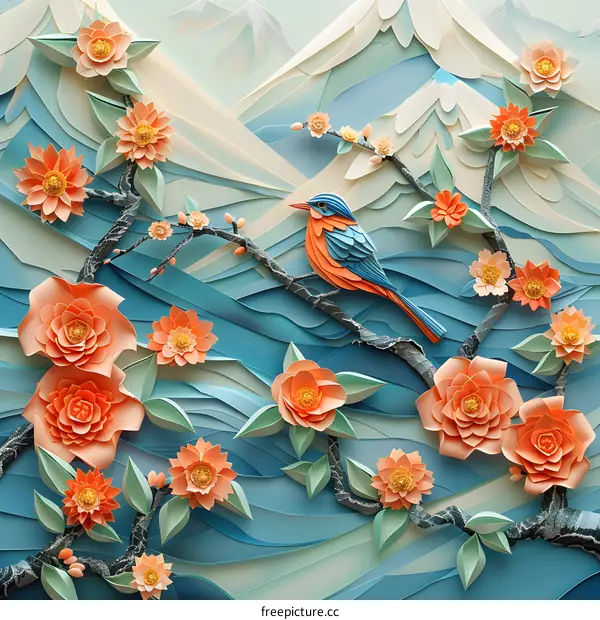 Paper Art of Bird on Branch with Flowers and Mountains