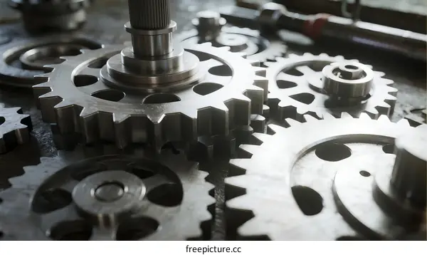 Close-up of mechanical gears with metal surfaces and interlocking teeth