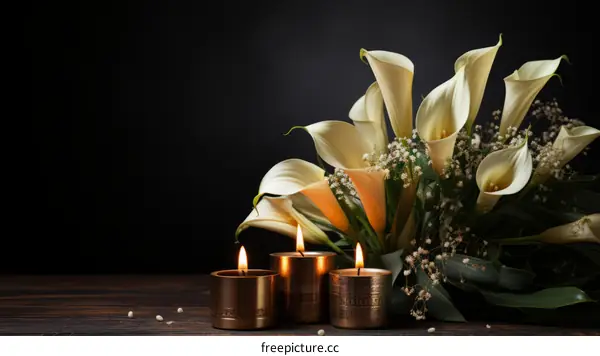 Three candles and white calla lilies on a wooden table