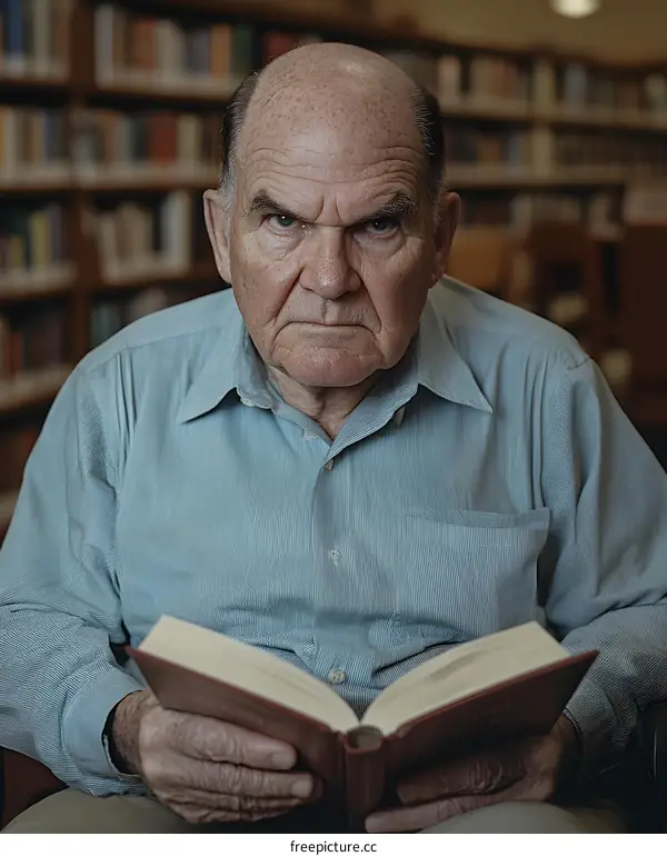 Serious Elderly Man Reading Book in a Library