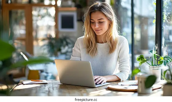 Woman Working on Laptop in Cafe
