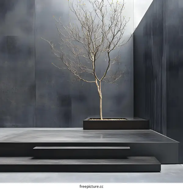 Minimalist Courtyard with Tree and Steps