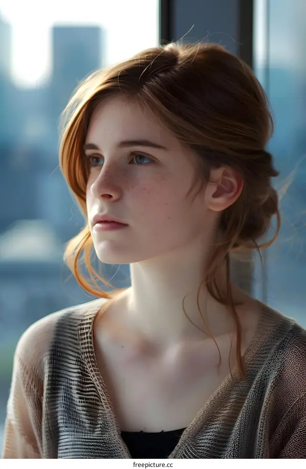 Young Woman With Freckles Looking Out Window