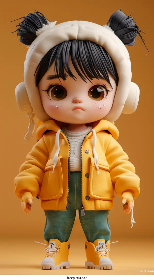 3D Render Cute Baby Doll in Yellow Winter Outfit