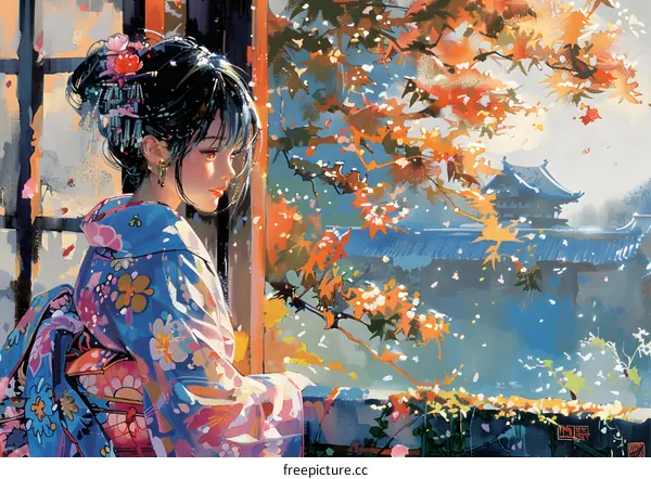 A woman wearing a kimono is looking out the window