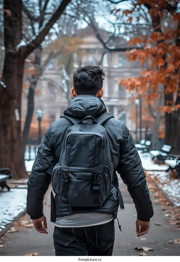 Man With Backpack Walking Away In Winter