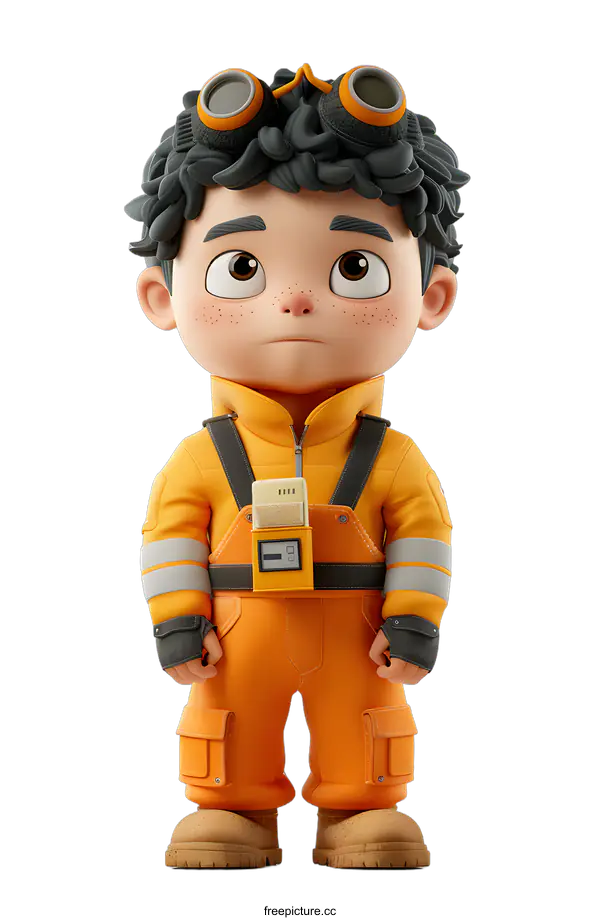 [Transparent Background PNG]3D illustration of a young boy wearing an orange jumpsuit and safety goggles
