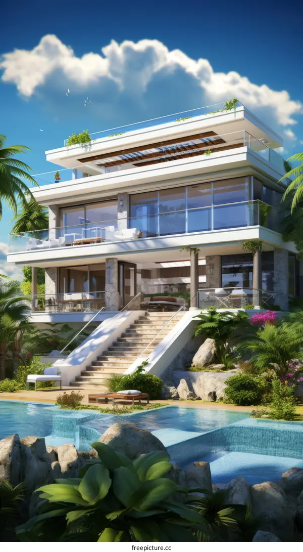 A stunning modern villa with a pool and tropical garden