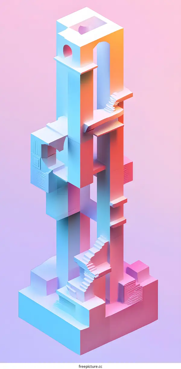 Abstract 3D Illustration of a Building with Colorful Geometric Shapes and Stairs