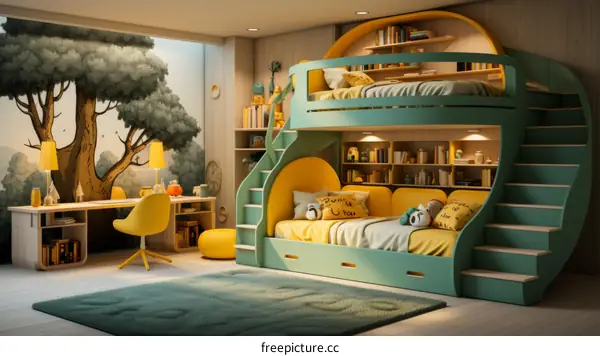 A cozy and stylish bedroom adorned with a lively tree mural and a cheerful yellow desk
