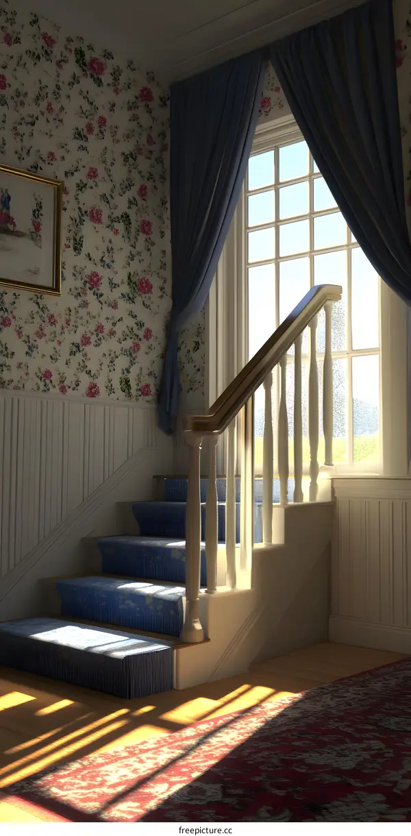 Interior Design with Stairs and Floral Wallpaper