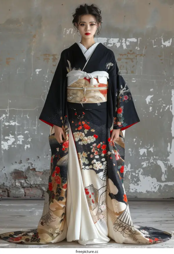 A woman wearing a black kimono with red and white floral patterns and a white obi