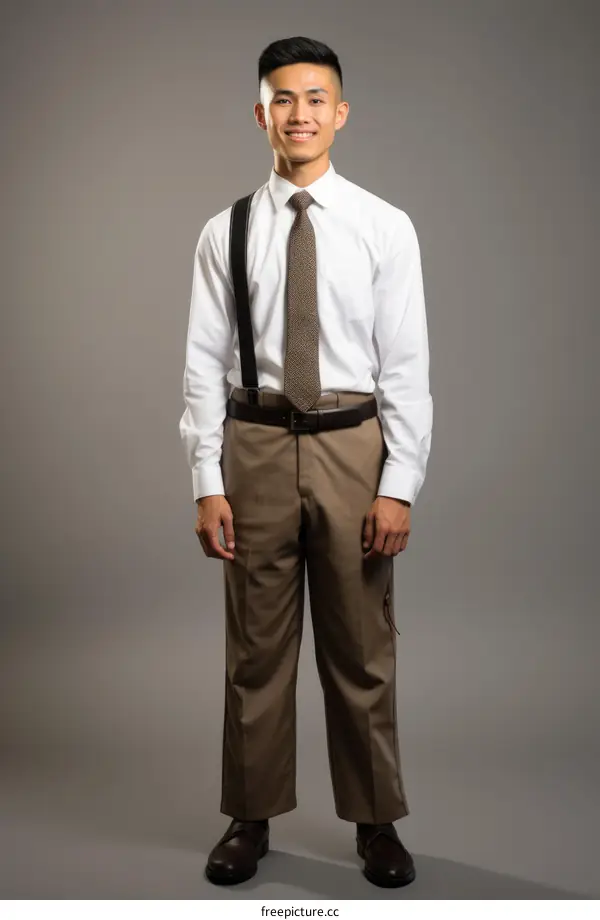A young Asian man wearing a white shirt, brown pants, suspenders, and a tie
