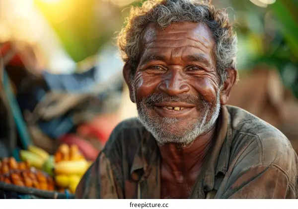 Smiling Elderly Indigenous Man in Market