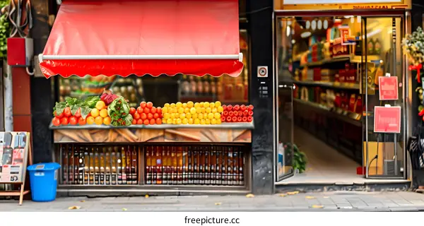 Red Awning Shop With Fruits and Vegetables