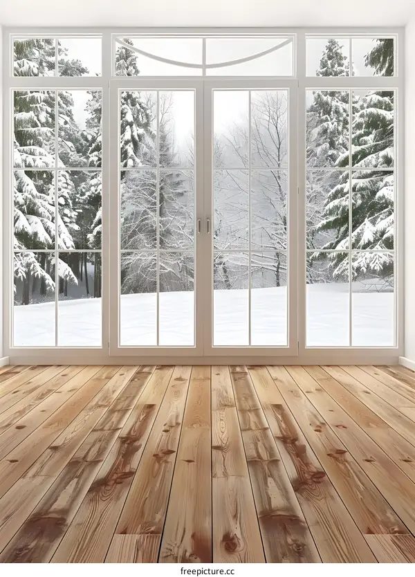 White Window Looking Out at a Snowy Forest