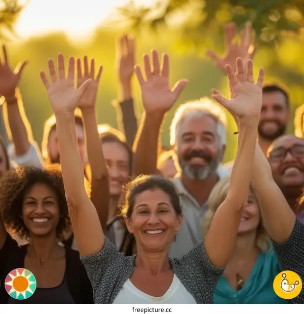 Group of diverse people raising their hands in joy