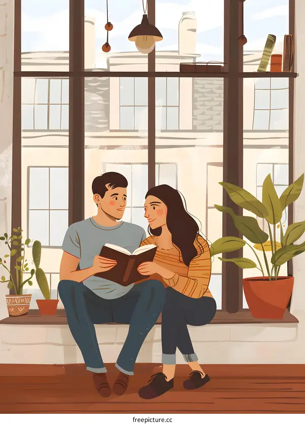 Couple Reading Book Together by Window