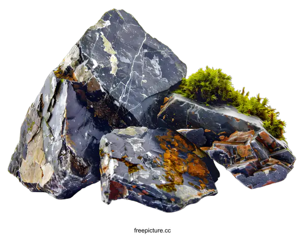 [Transparent Background PNG]Black Stone With Moss On White Background