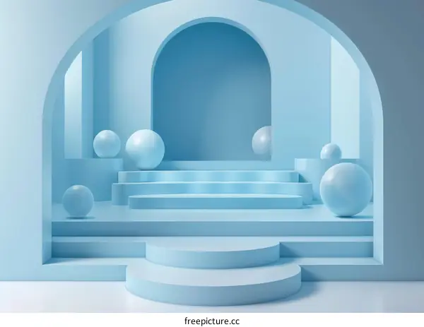 Blue Abstract Studio Backdrop with 3D Geometric Balls on Platform Pedestal