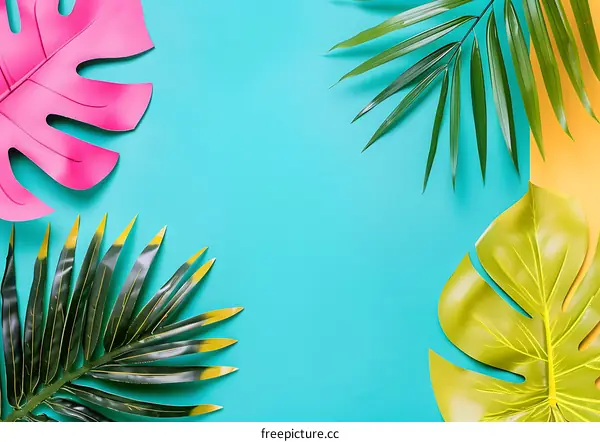 Tropical Palm Leaf Background With Blue Background