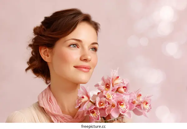 Woman Holding Flowers, Beautiful Skin, Elegant Portrait