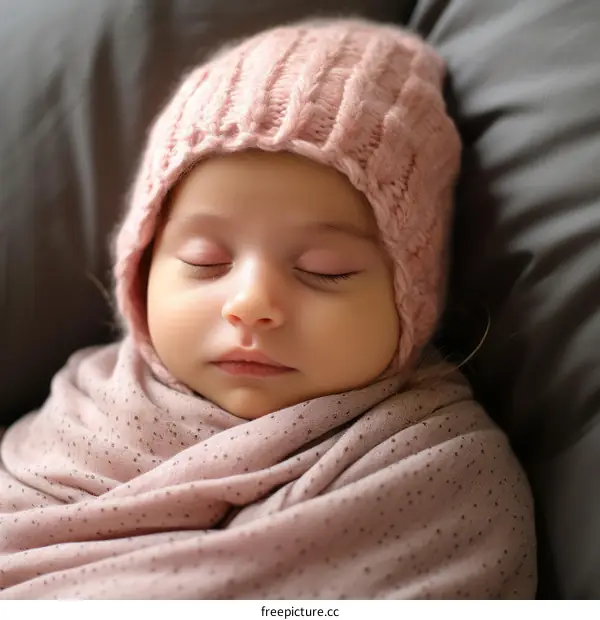 An adorable baby girl sleeping soundly in a pink blanket and hat