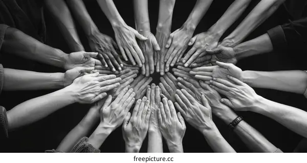 Black and white photo of a group of people of different ethnicities holding their hands together.