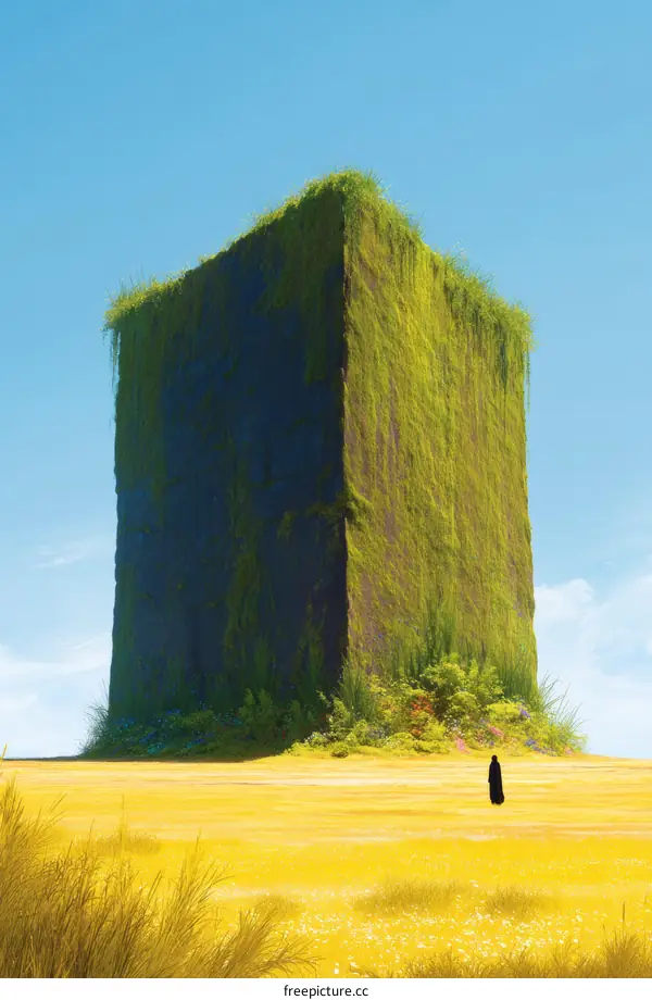 Massive Stone Structure in a Golden Field with a Person