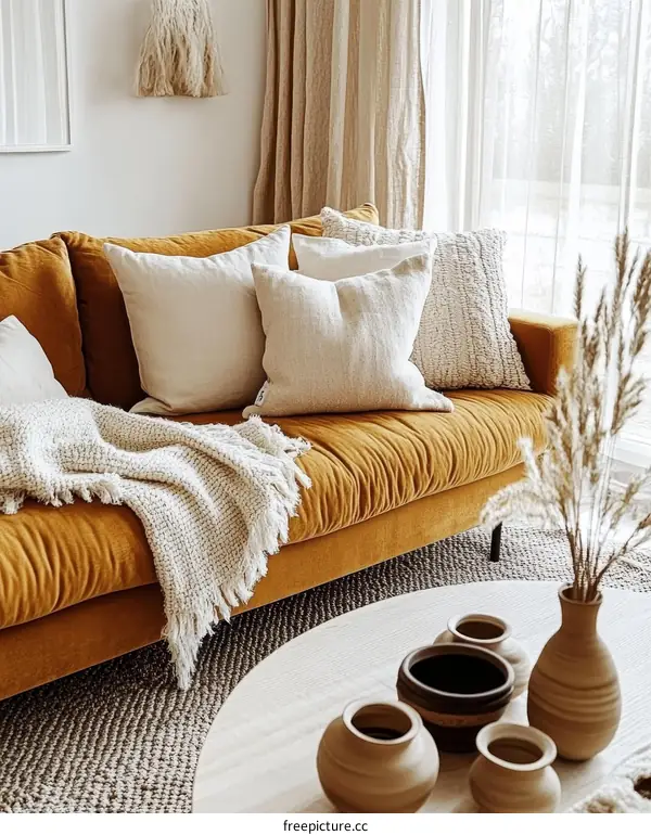 Mustard Yellow Velvet Couch with Neutral Decor