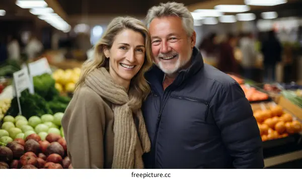 Happy couple shopping for fresh produce at a farmers market