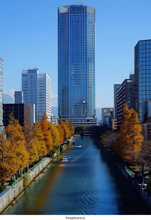 A river in autumn with a tall building in the background