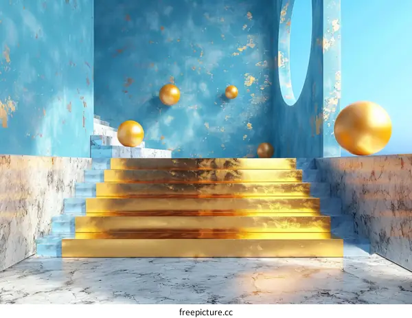Golden Steps Against a Teal Blue Wall