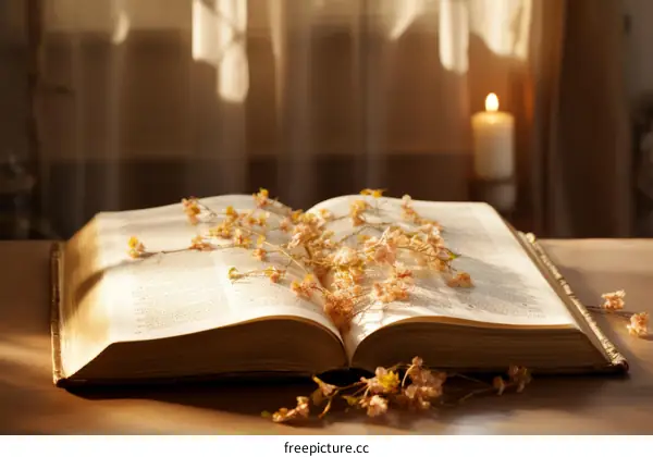 An open book with dried flowers on a wooden table
