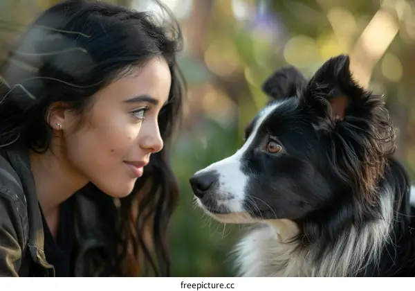 Young woman and Border Collie dog staring at each other with affection